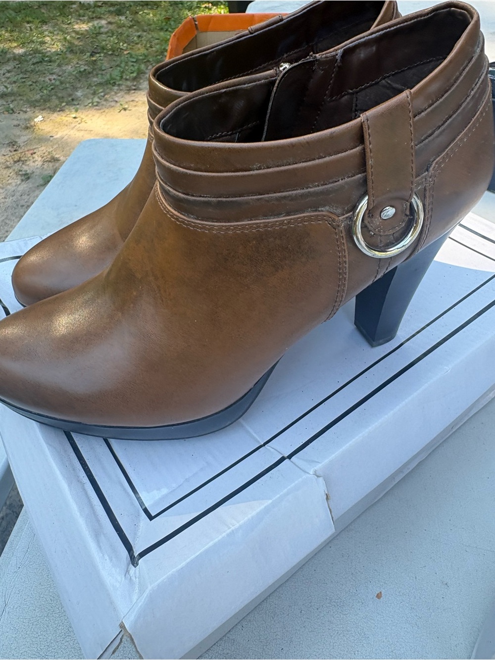 Chaps Brown Faux Leather Ankle Booties with Decorative Ring
